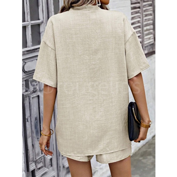 2 Piece Set: Beige / Khaki Kimono Shirt and Shorts - Picture 4 of 6